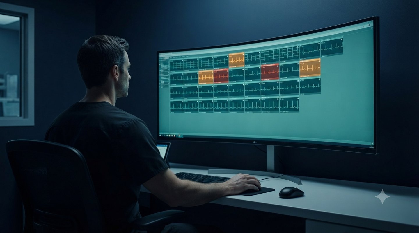 One clinician at a hospital desktop watching a grid of many patients, some flagged amber and red