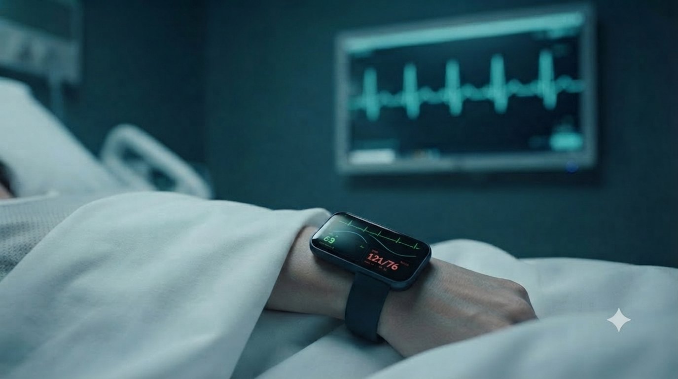 An in-patient resting in a hospital bed wearing the AEGIS smartwatch, an ECG monitor tracing on the wall behind