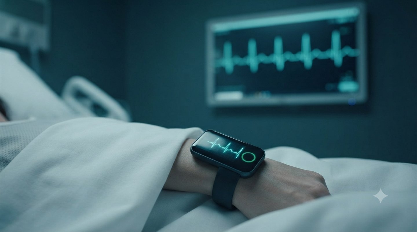 A patient&rsquo;s wrist wearing the AEGIS watch showing a teal ECG, the ward monitor glowing with the same trace behind