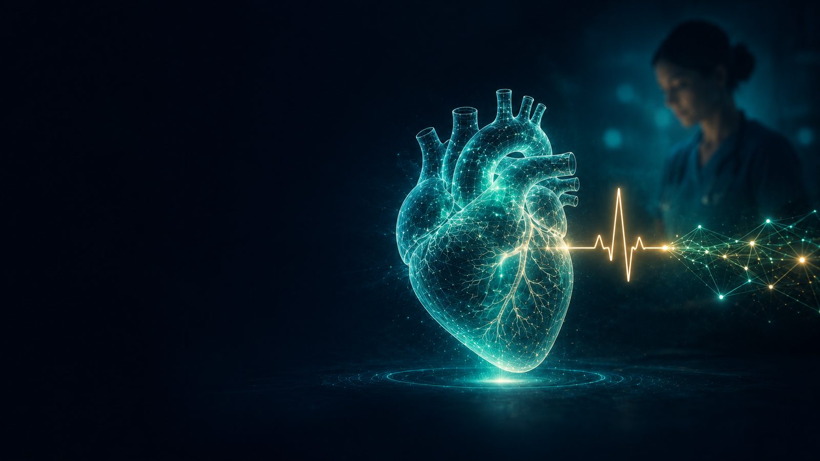 Luminous data-lattice human heart with an ECG waveform flowing into a neural network