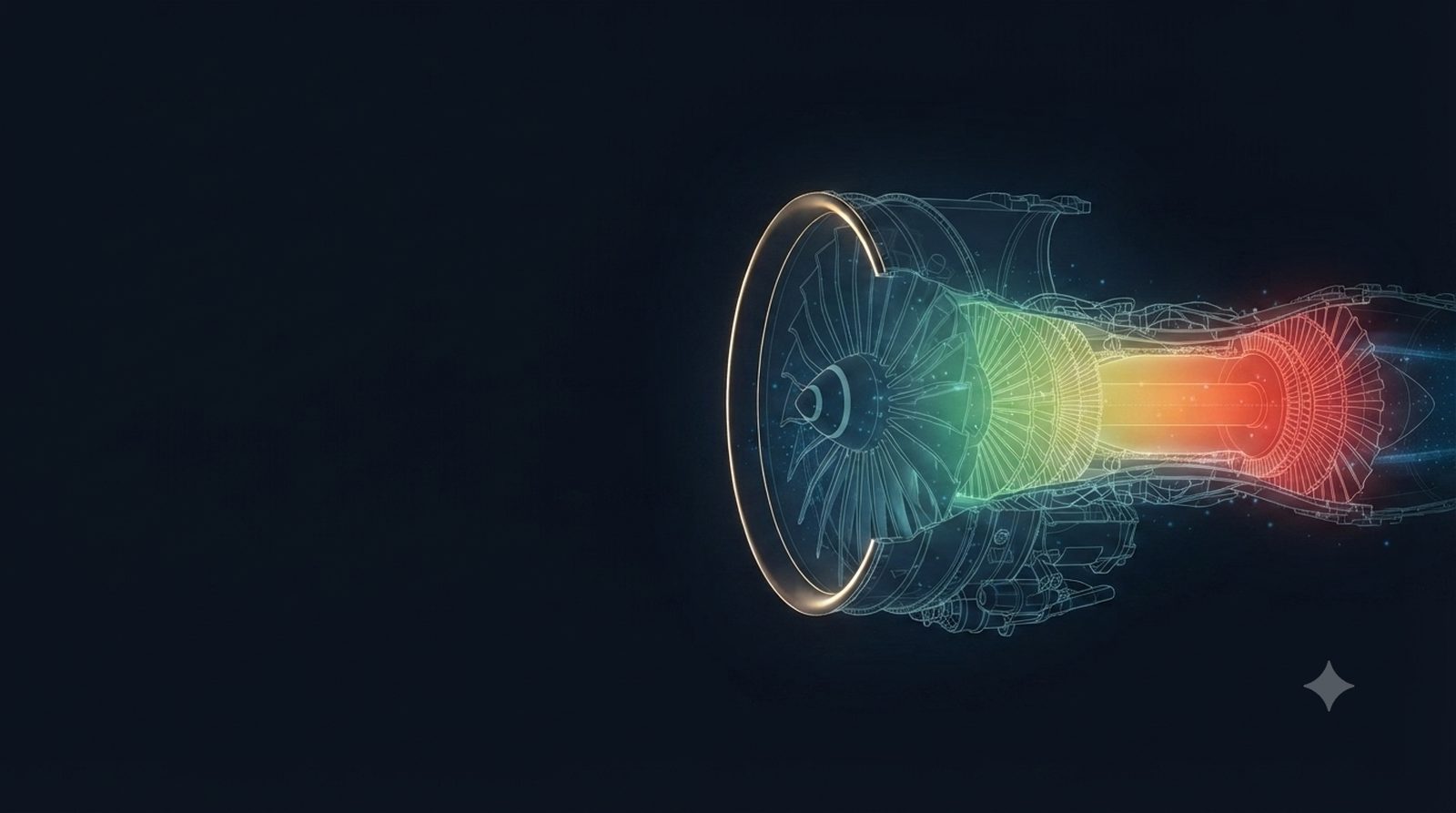 Cutaway turbofan engine glowing from green through amber to red along its core