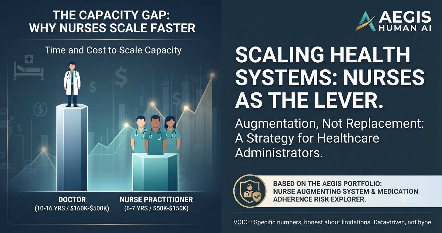 The capacity gap: nurse practitioners scale clinical capacity faster and more cheaply than doctors — 6-7 years and $50K-$150K to train a nurse practitioner versus 10-16 years and $160K-$500K for a doctor. Scaling health systems with nurses as the lever; augmentation, not replacement.
