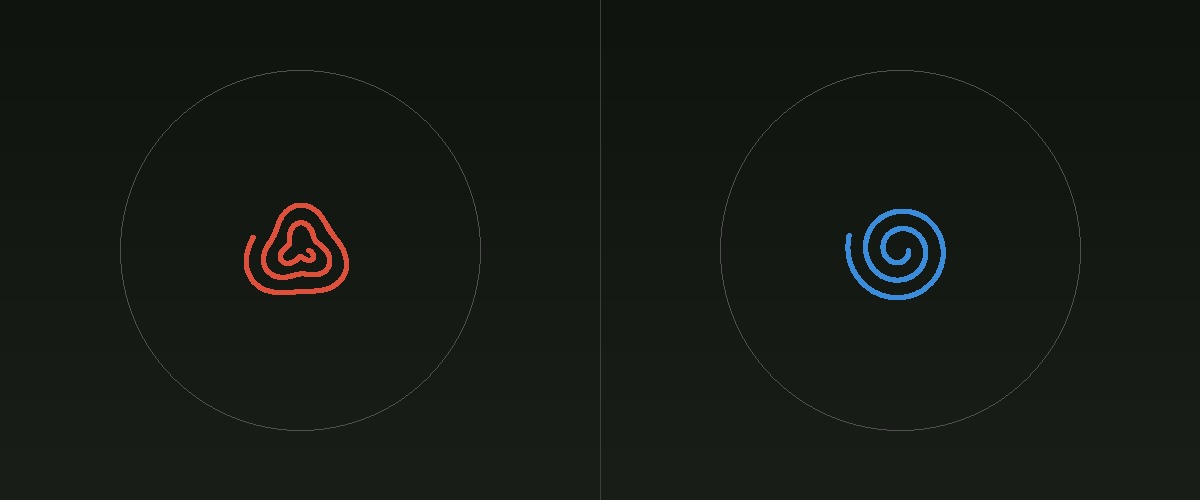 Spiral drawing comparison — PD (left, irregular) vs healthy control (right, smooth)