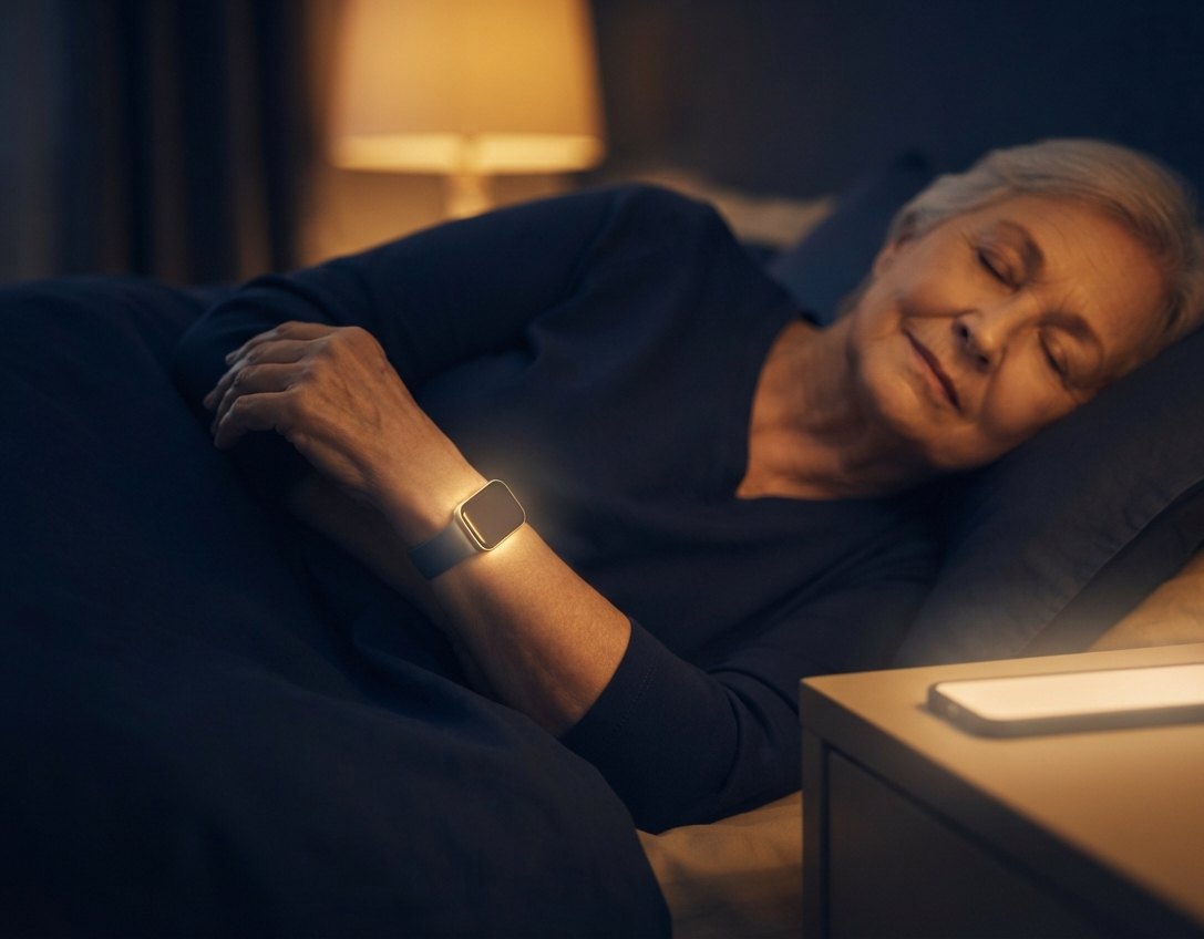 An elderly person resting at home, a smartwatch glowing on the wrist and a phone glowing on the nightstand