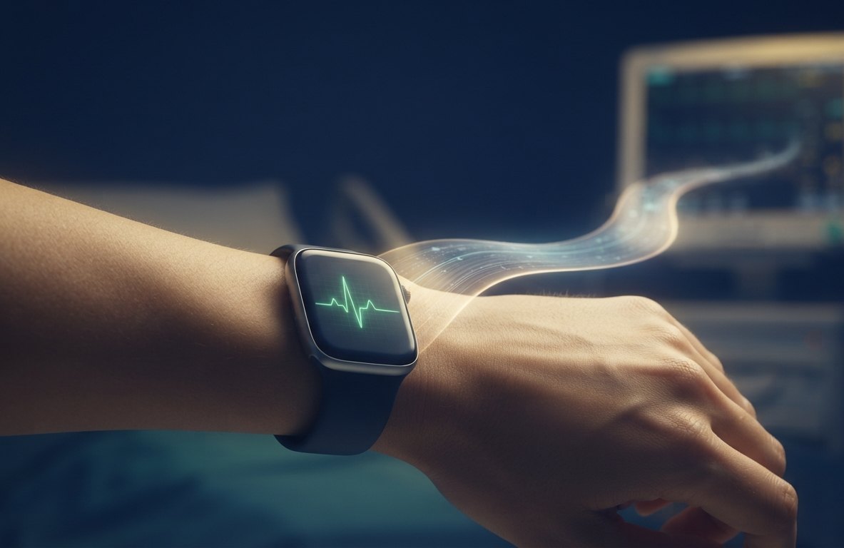 A smartwatch on the wrist streaming a live ECG to a hospital bedside monitor in the background