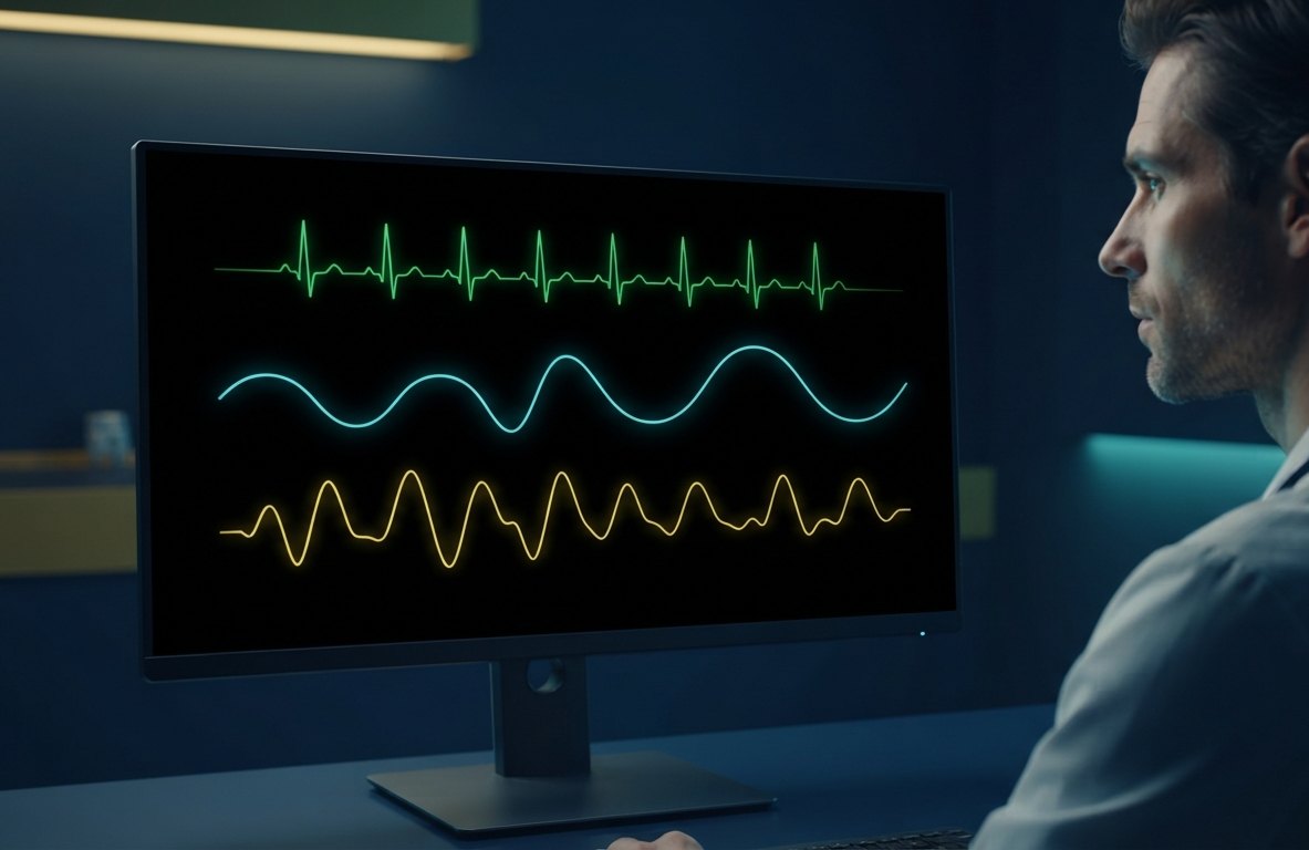 A clinician watching a desktop multi-parameter monitor showing ECG, respiration and pulse waveforms