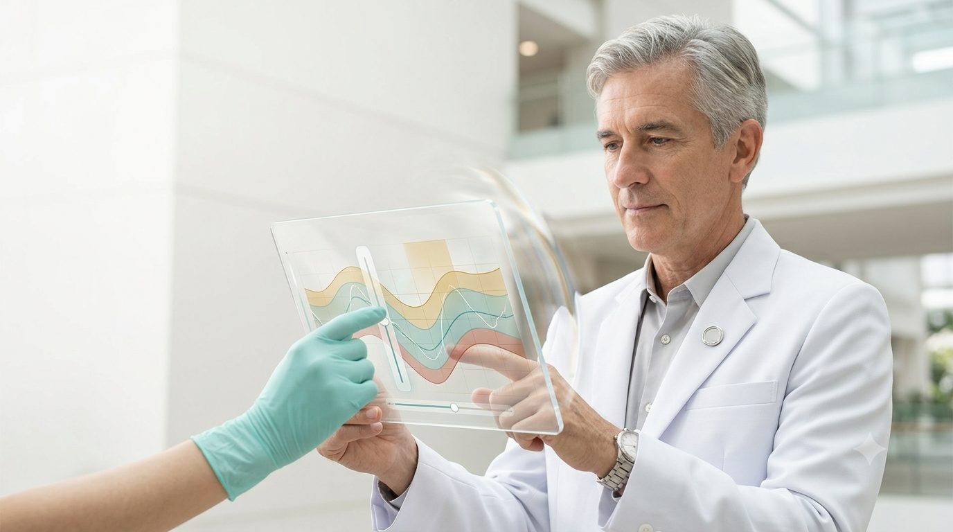 A clinician studying physiological waveforms on a transparent display, making the final decision