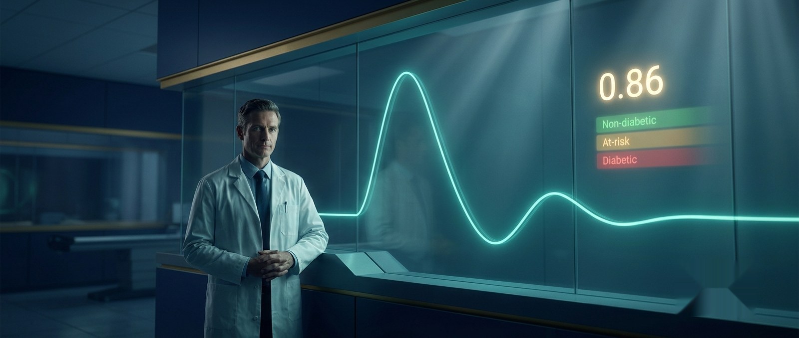 An endocrinologist reviewing a glucose-tolerance curve and the Diabetes Index on a diagnostic console
