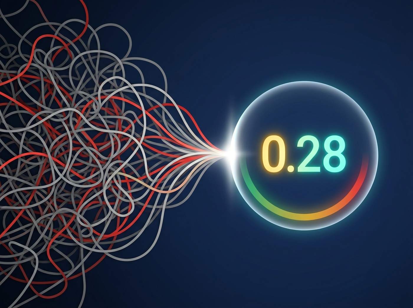 A chaotic tangle of many disease signals resolving into one luminous dimensionless index number with a green-to-red health arc