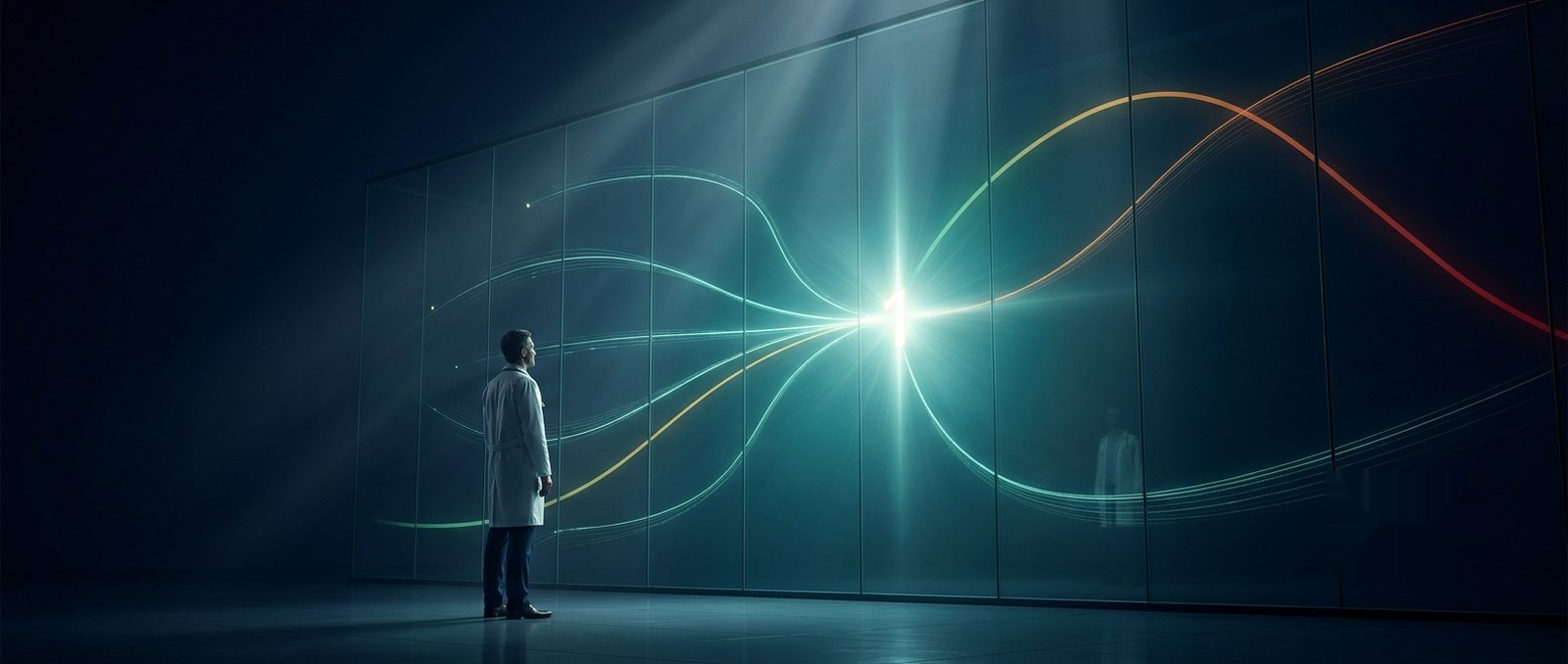 A physician in command before a luminous data wall where seven organ-system signals converge into a single dimensionless health index tracing a green-to-red trajectory