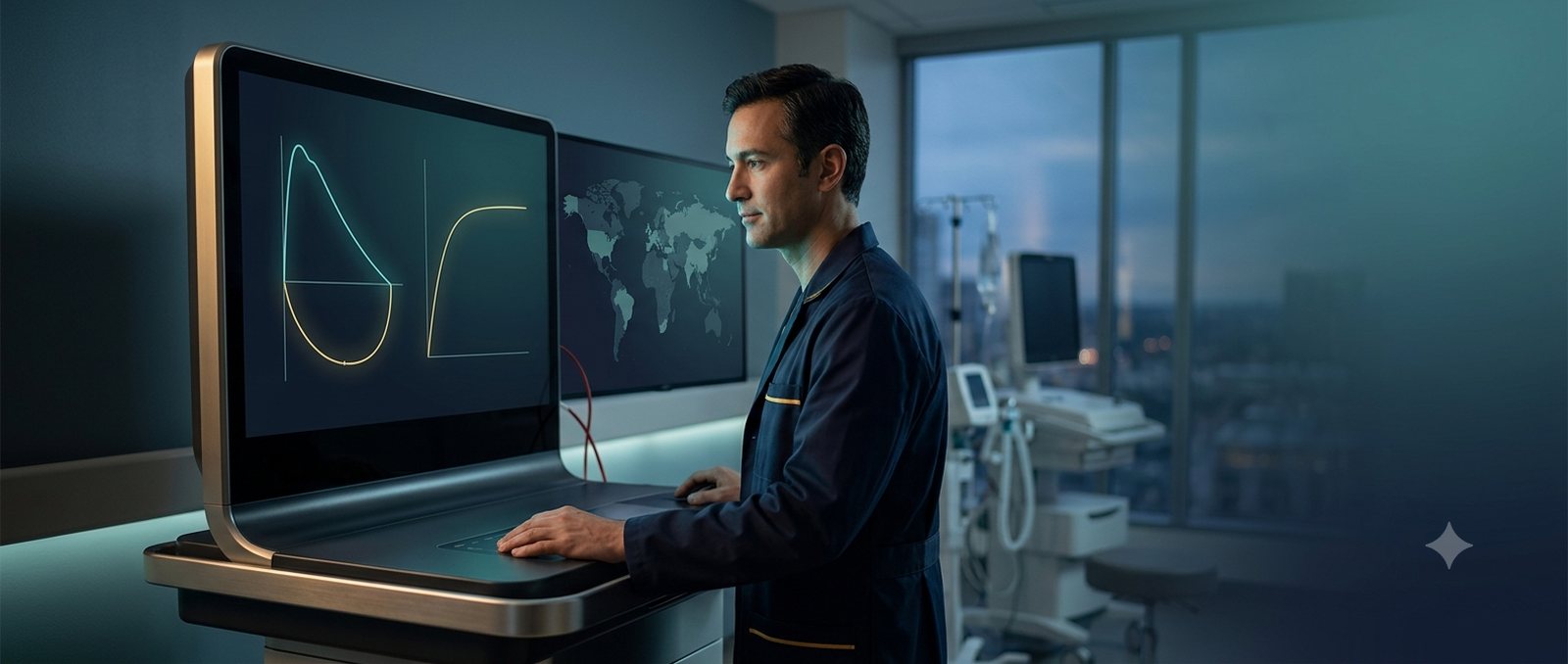 Pulmonologist reviewing a spirometry flow-volume loop on a diagnostic console
