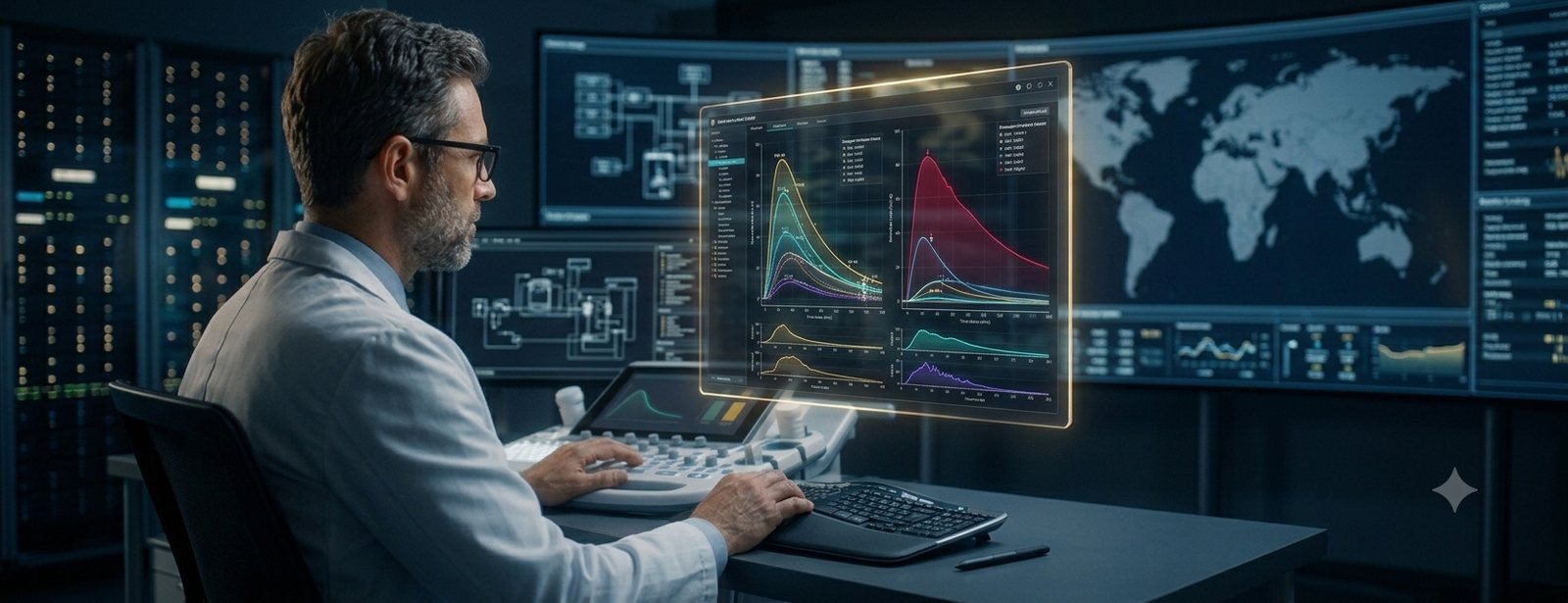 A nephrologist studying renogram waveforms on a diagnostic display, making the final decision