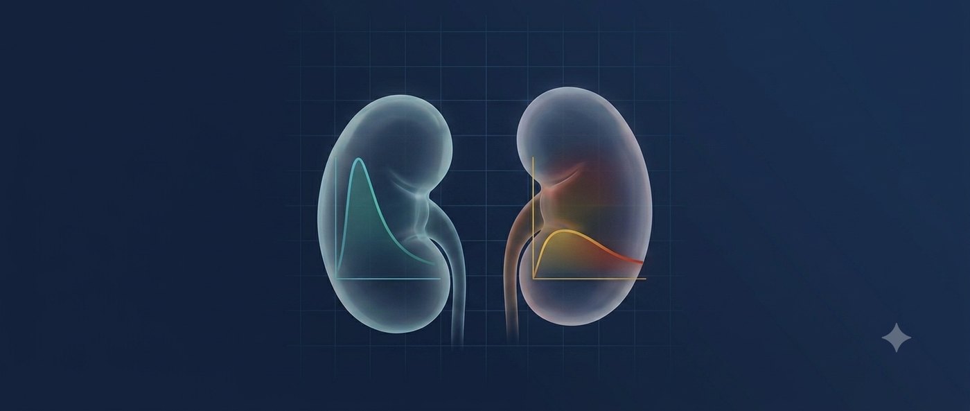Two translucent kidneys with renogram clearance curves — clear drainage versus obstructed washout